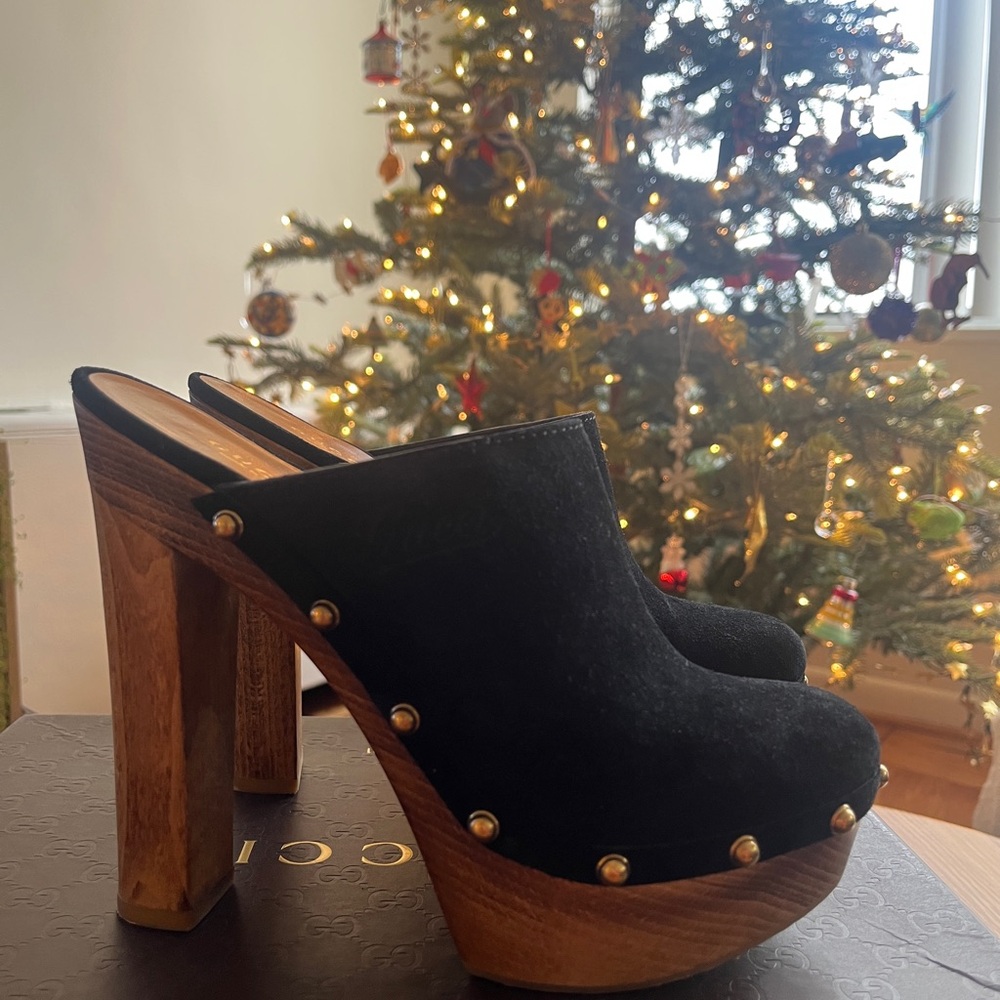 GUCCI Black Suede Gold Studded Joplin Platform Clog Heels Size 37 Style 296258